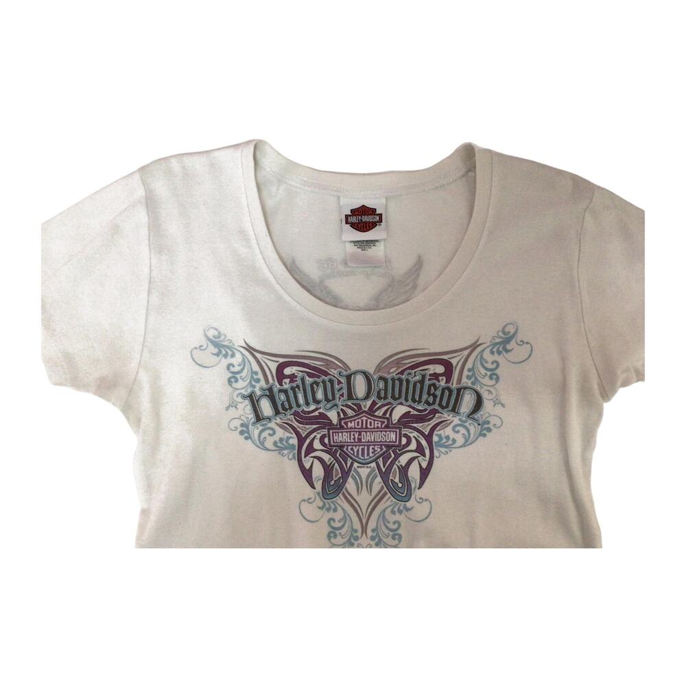 Harley Davidson Women's Y2K Tattoo Style Logo Short Sleeve T Shirt White L